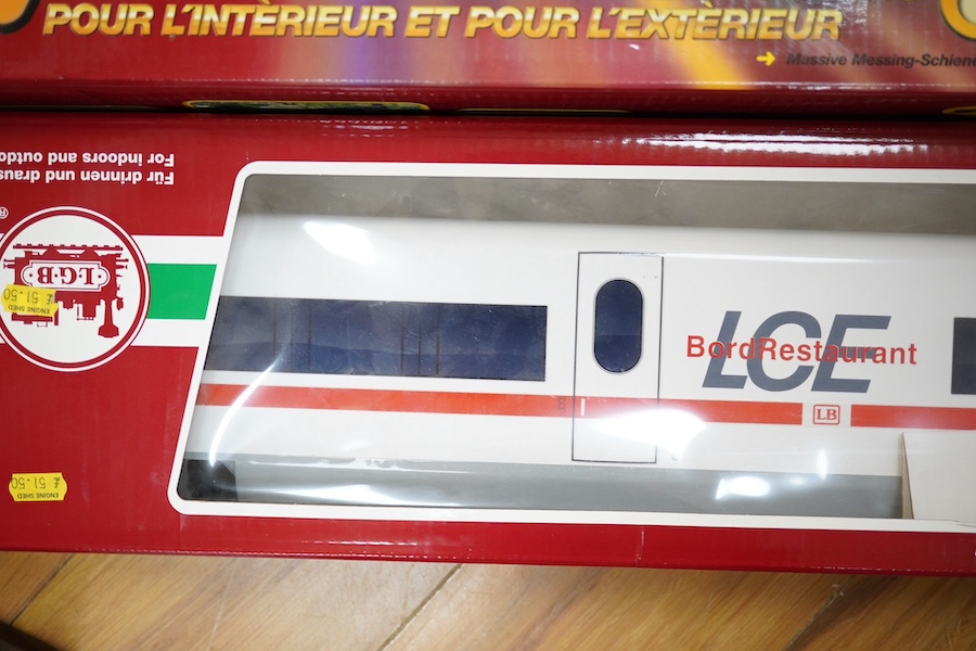 A boxed LGB G scale (45mm gauge) LCE train set (78600) together with an additional restaurant car (30604). Condition - good.